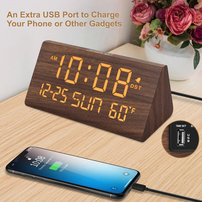 Digital Alarm Clock for Bedrooms - Wooden Desk Clock with Date