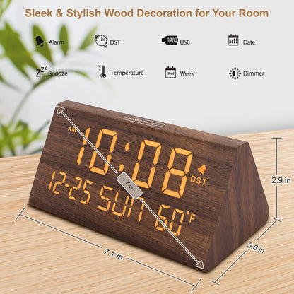 Digital Alarm Clock for Bedrooms - Wooden Desk Clock with Date