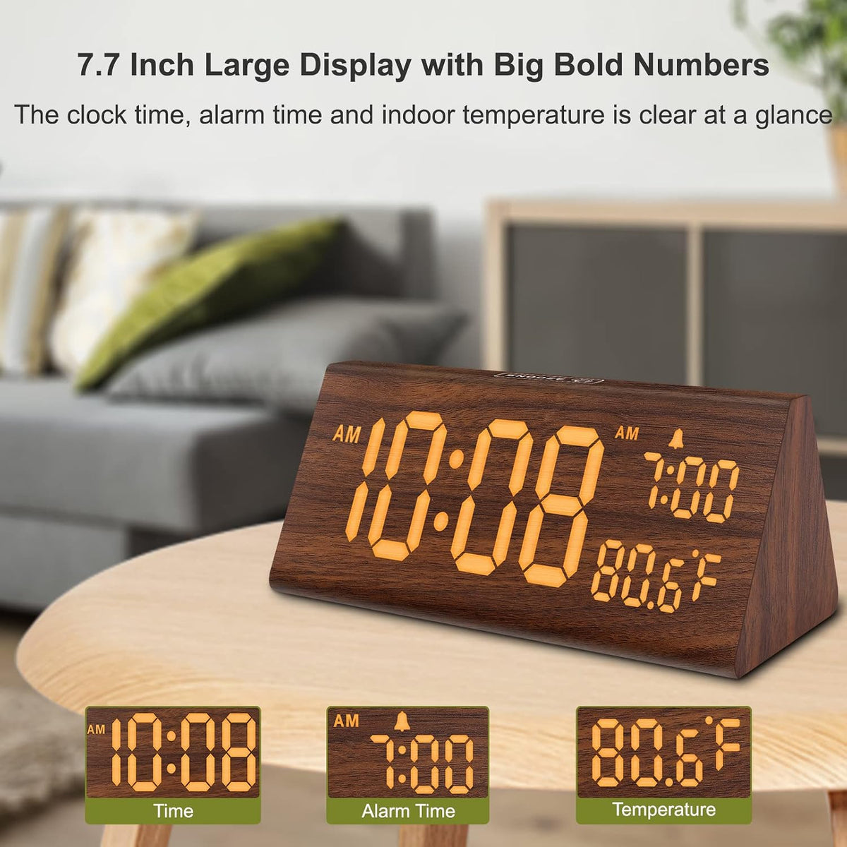 Digital Alarm Clock for Bedrooms - Wooden Desk Clock with Date