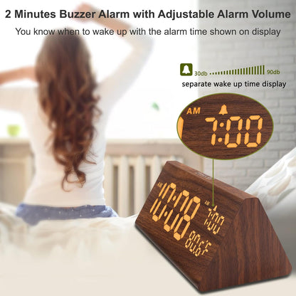 Digital Alarm Clock for Bedrooms - Wooden Desk Clock with Date