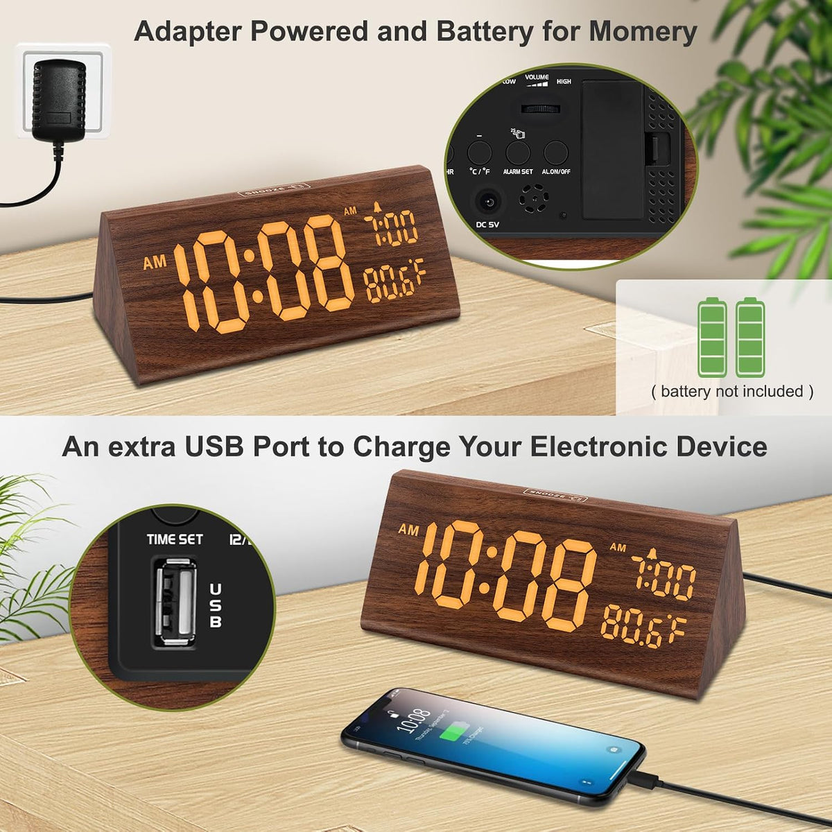 Digital Alarm Clock for Bedrooms - Wooden Desk Clock with Date