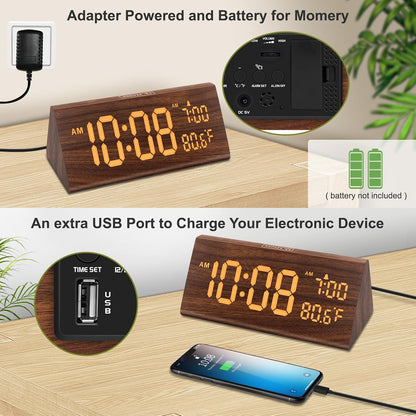 Digital Alarm Clock for Bedrooms - Wooden Desk Clock with Date