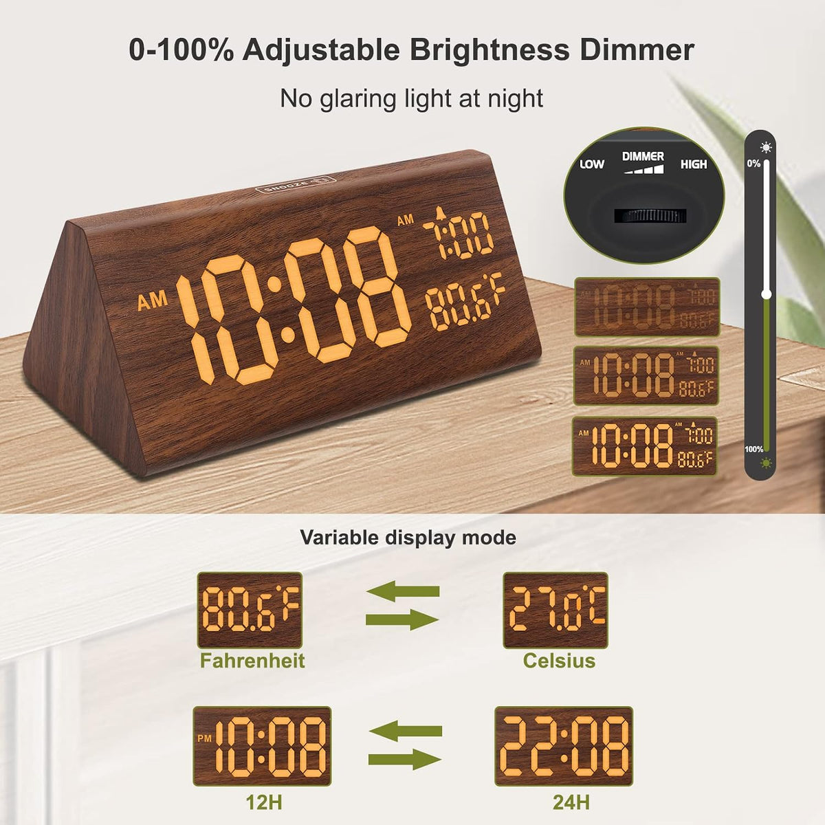 Digital Alarm Clock for Bedrooms - Wooden Desk Clock with Date