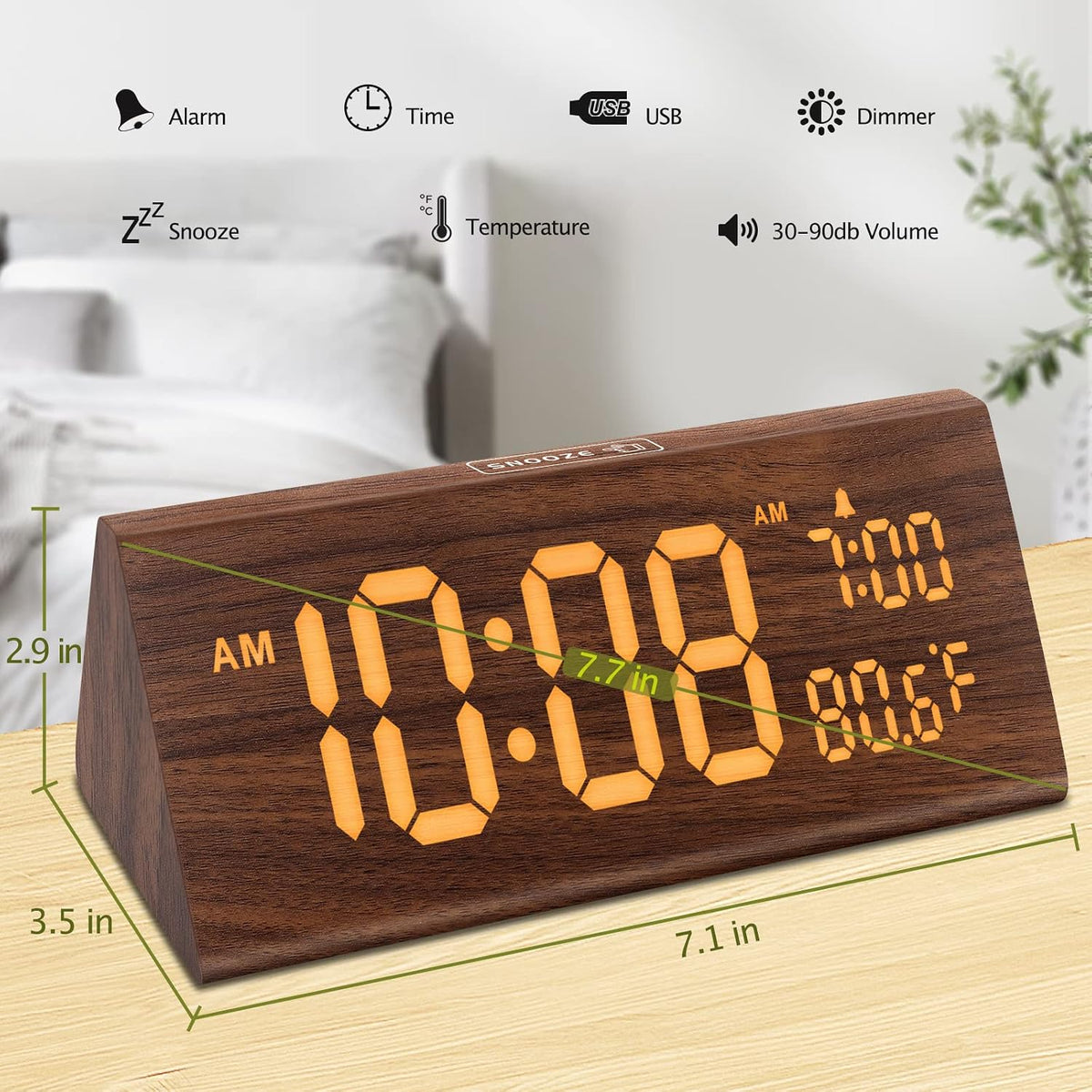 Digital Alarm Clock for Bedrooms - Wooden Desk Clock with Date