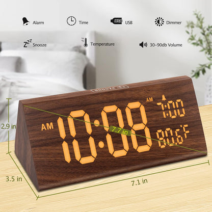 Digital Alarm Clock for Bedrooms - Wooden Desk Clock with Date