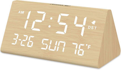 Digital Alarm Clock for Bedrooms - Wooden Desk Clock with Date