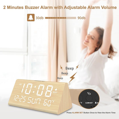 Digital Alarm Clock for Bedrooms - Wooden Desk Clock with Date