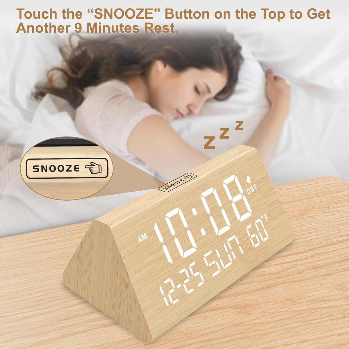 Digital Alarm Clock for Bedrooms - Wooden Desk Clock with Date