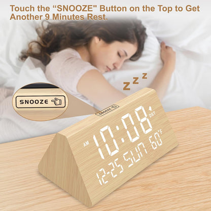 Digital Alarm Clock for Bedrooms - Wooden Desk Clock with Date