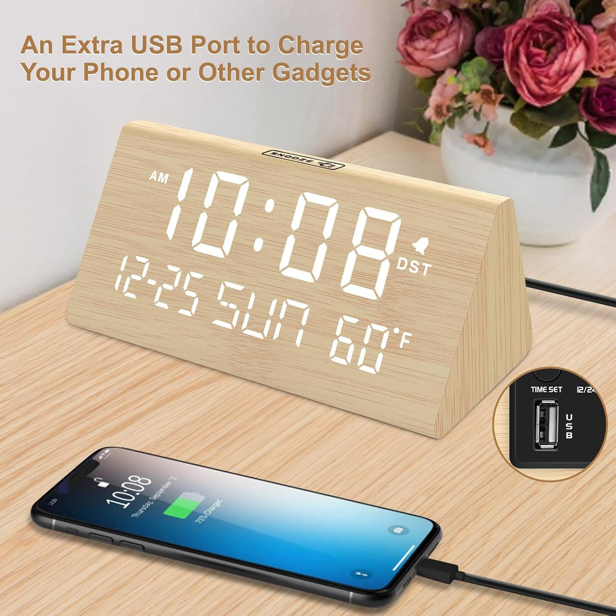 Digital Alarm Clock for Bedrooms - Wooden Desk Clock with Date