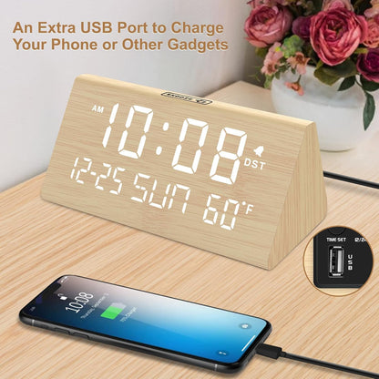 Digital Alarm Clock for Bedrooms - Wooden Desk Clock with Date