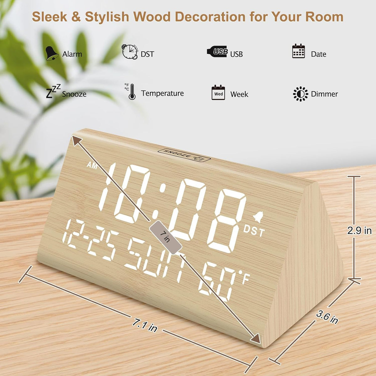 Digital Alarm Clock for Bedrooms - Wooden Desk Clock with Date