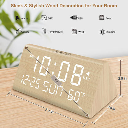 Digital Alarm Clock for Bedrooms - Wooden Desk Clock with Date