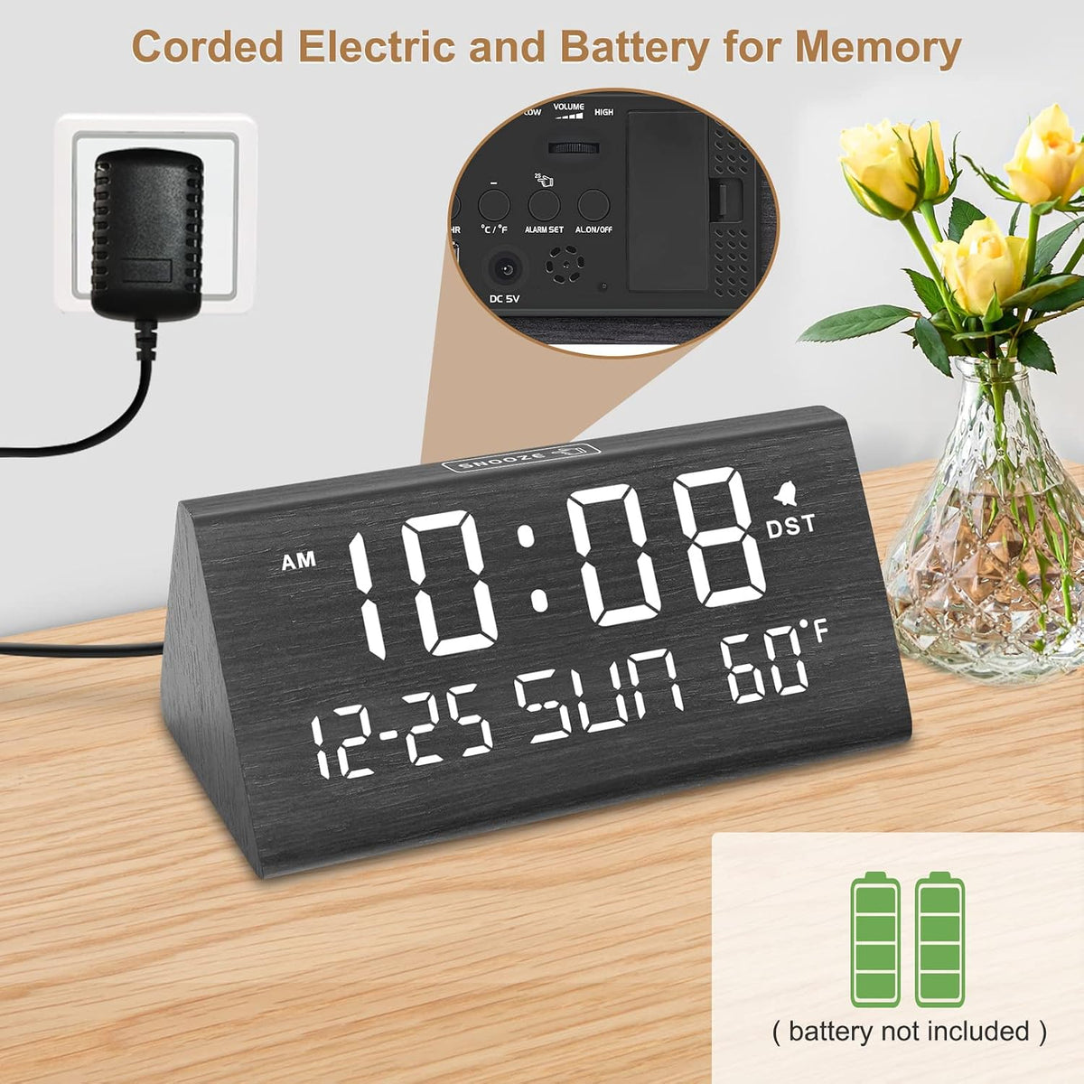 Digital Alarm Clock for Bedrooms - Wooden Desk Clock with Date