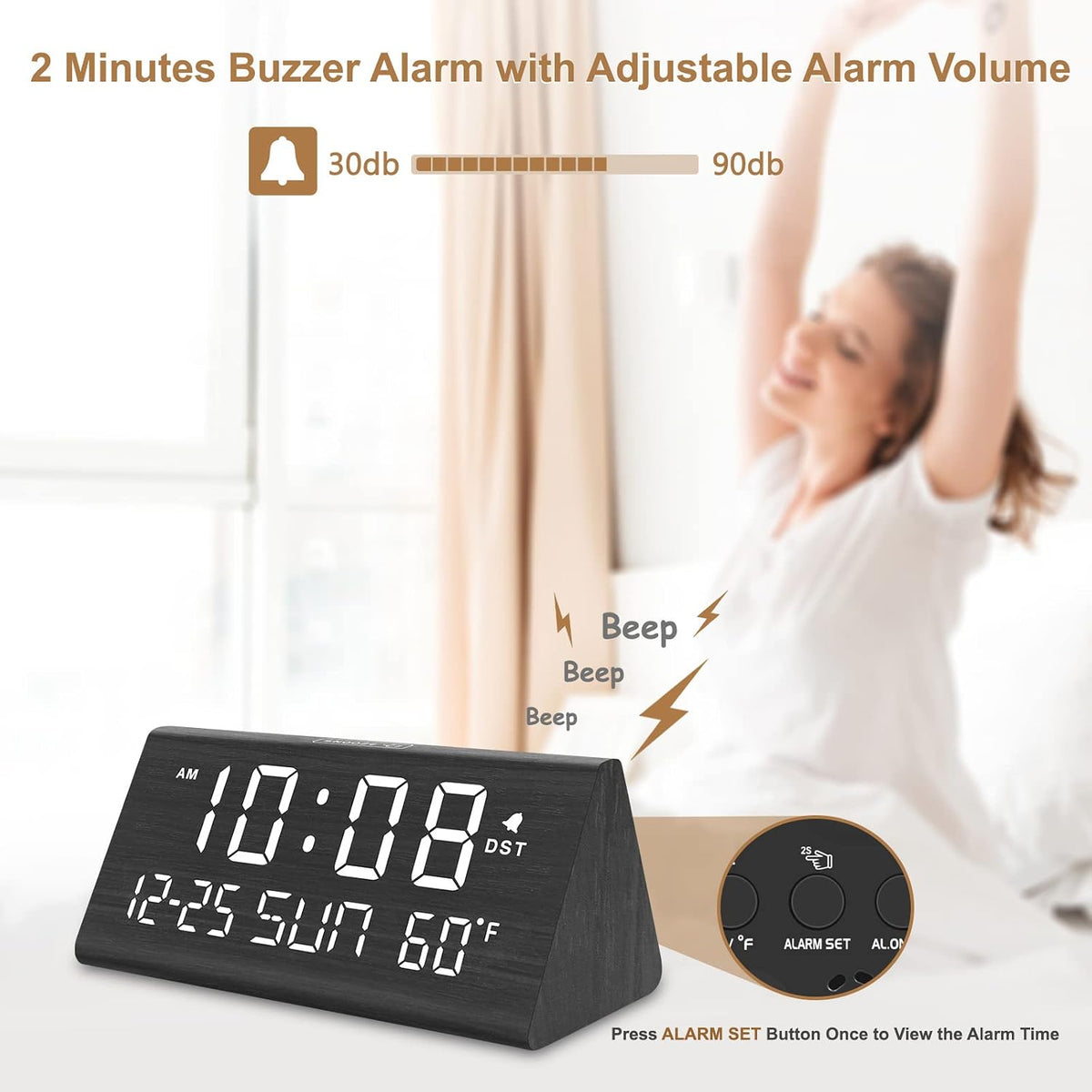 Digital Alarm Clock for Bedrooms - Wooden Desk Clock with Date