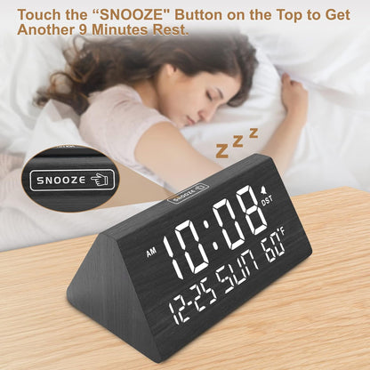 Digital Alarm Clock for Bedrooms - Wooden Desk Clock with Date