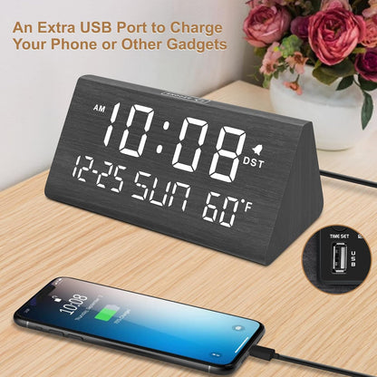 Digital Alarm Clock for Bedrooms - Wooden Desk Clock with Date