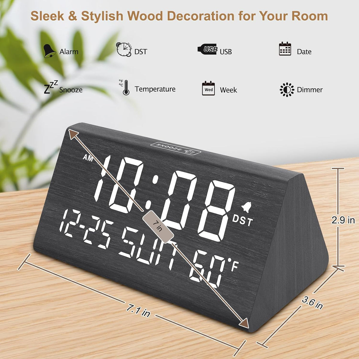 Digital Alarm Clock for Bedrooms - Wooden Desk Clock with Date