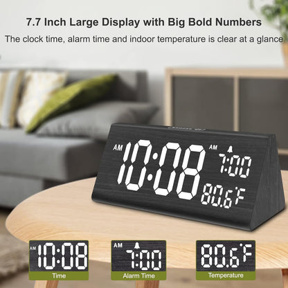 Digital Alarm Clock for Bedrooms - Wooden Desk Clock with Date