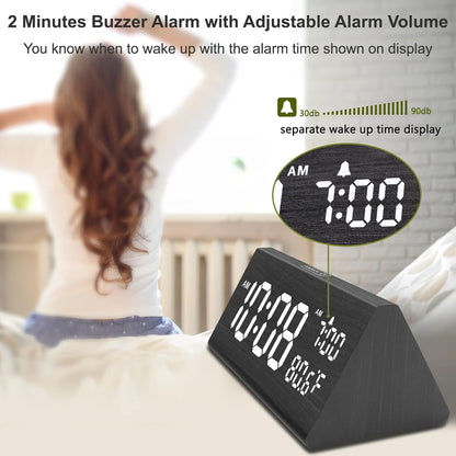 Digital Alarm Clock for Bedrooms - Wooden Desk Clock with Date