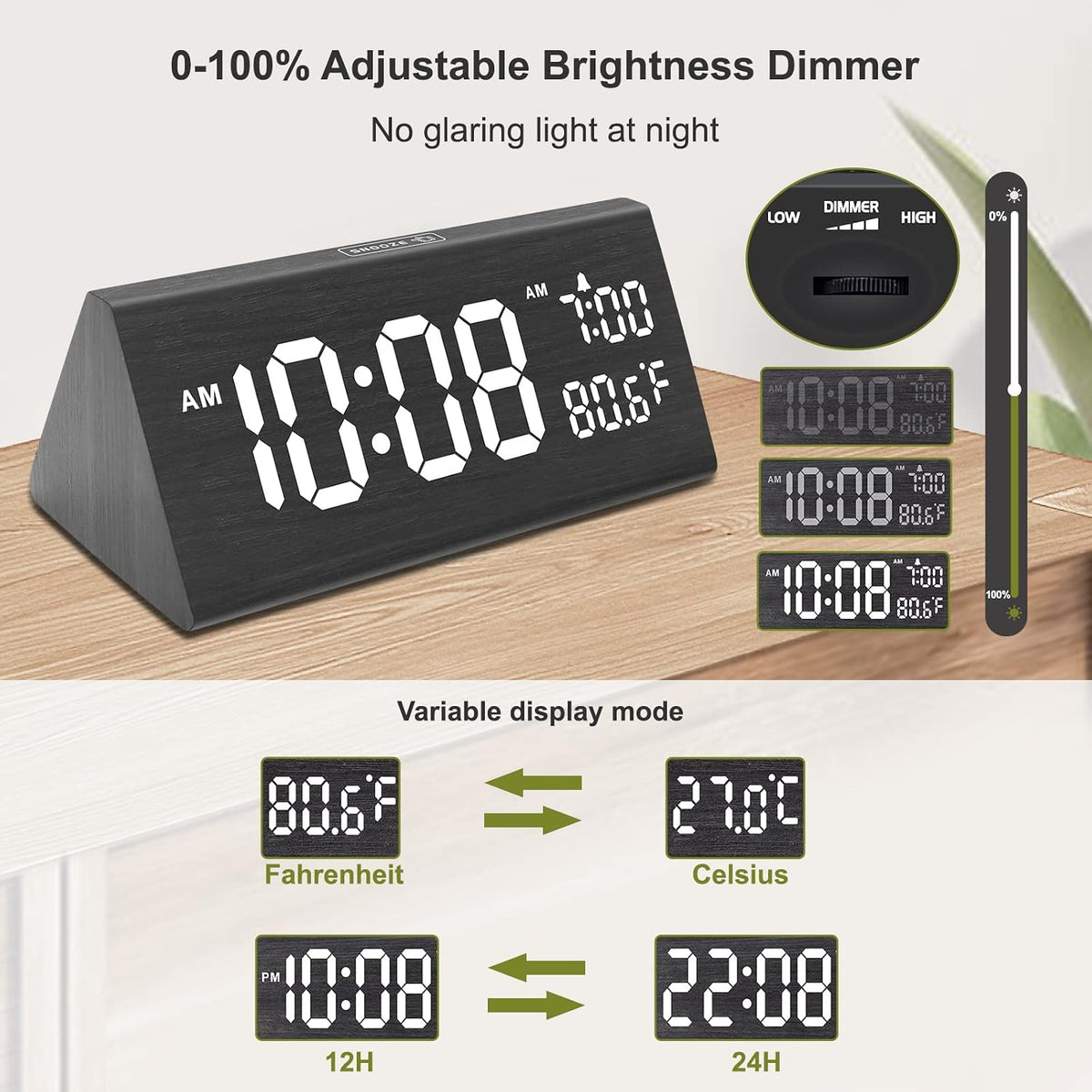 Digital Alarm Clock for Bedrooms - Wooden Desk Clock with Date