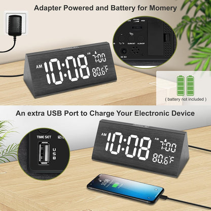 Digital Alarm Clock for Bedrooms - Wooden Desk Clock with Date
