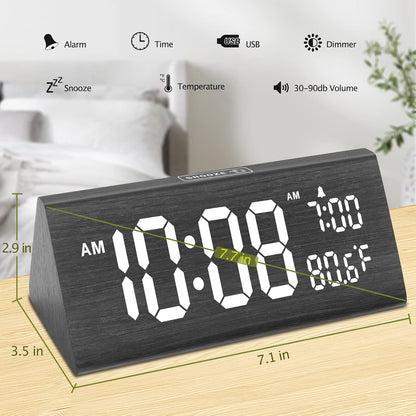 Digital Alarm Clock for Bedrooms - Wooden Desk Clock with Date
