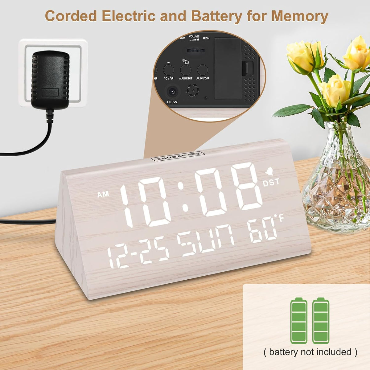 Digital Alarm Clock for Bedrooms - Wooden Desk Clock with Date