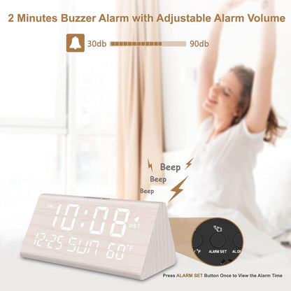 Digital Alarm Clock for Bedrooms - Wooden Desk Clock with Date