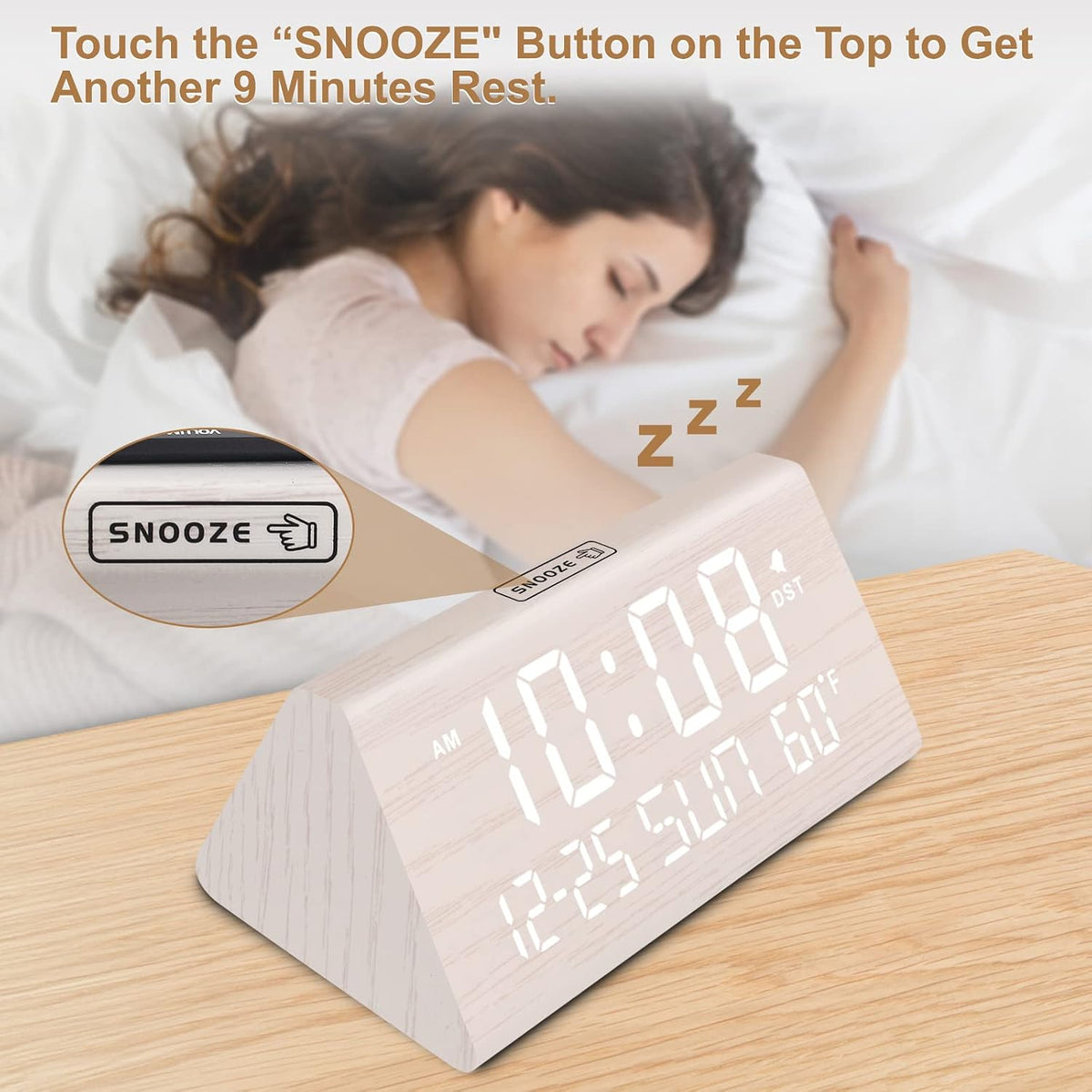 Digital Alarm Clock for Bedrooms - Wooden Desk Clock with Date