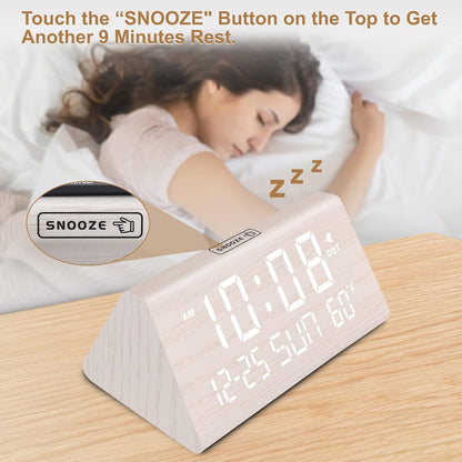 Digital Alarm Clock for Bedrooms - Wooden Desk Clock with Date