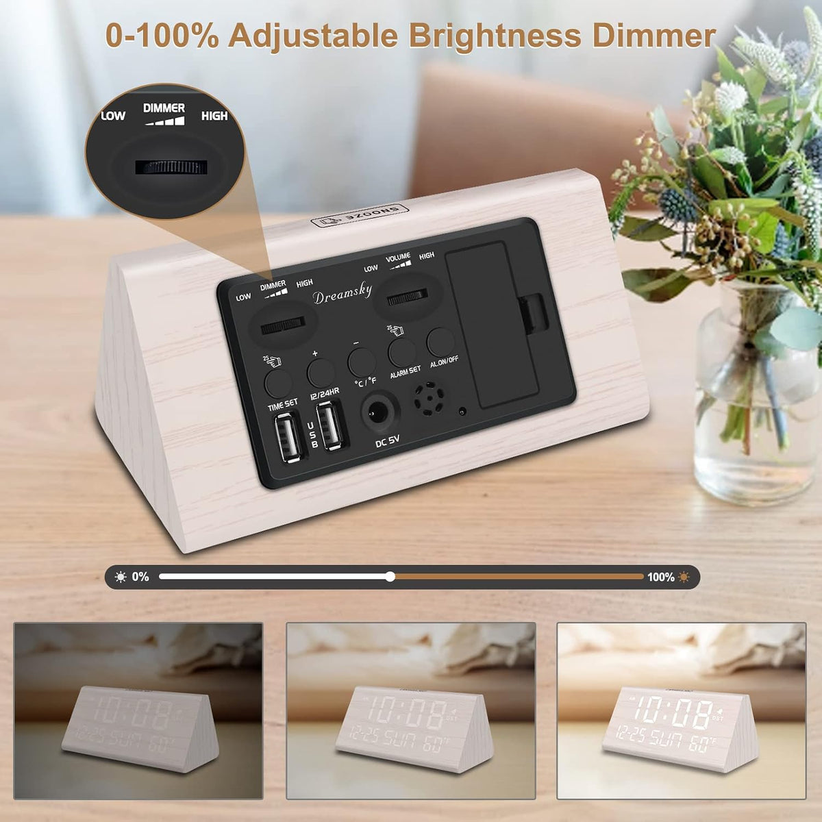 Digital Alarm Clock for Bedrooms - Wooden Desk Clock with Date