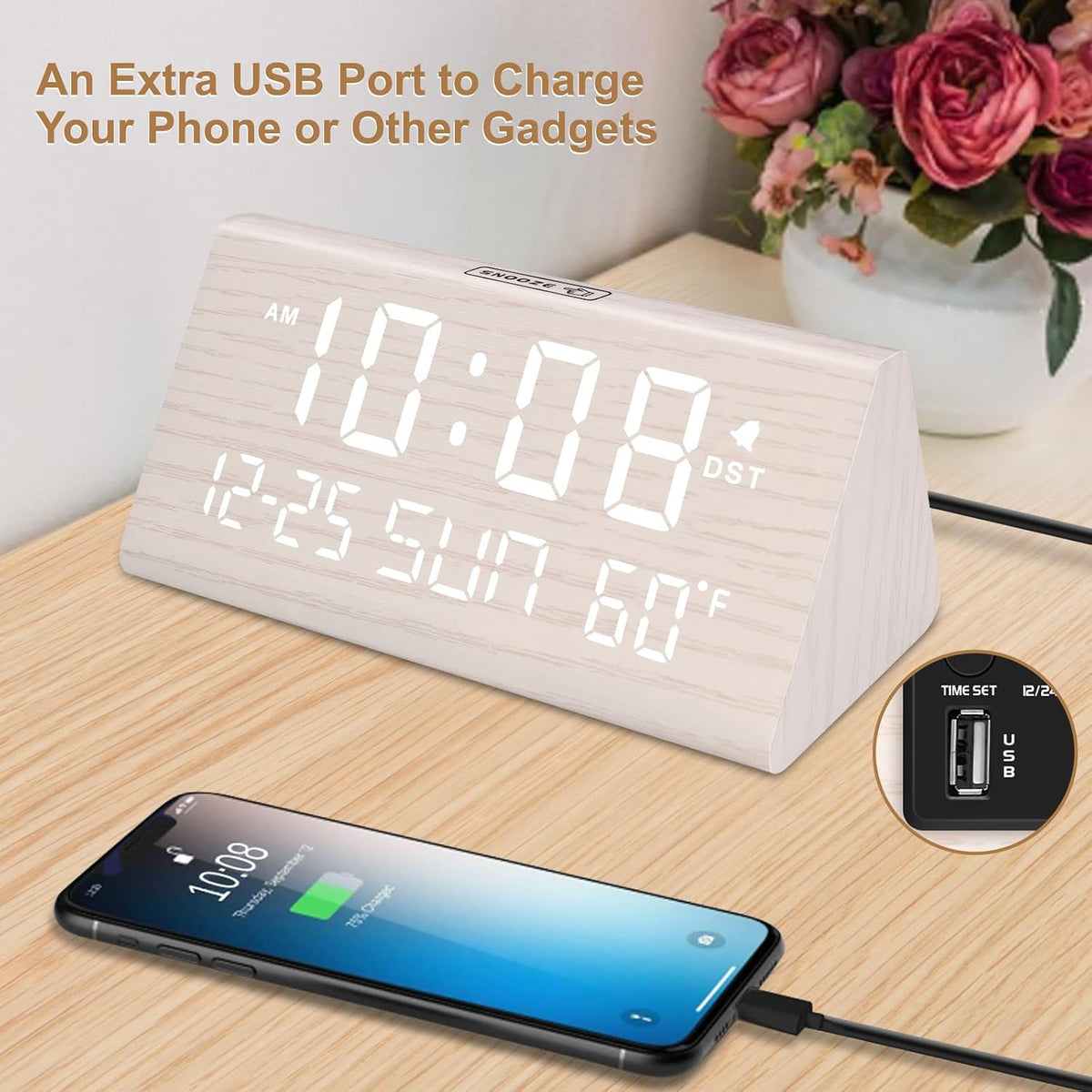 Digital Alarm Clock for Bedrooms - Wooden Desk Clock with Date