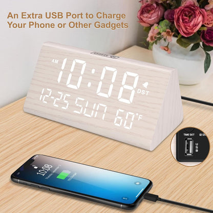 Digital Alarm Clock for Bedrooms - Wooden Desk Clock with Date