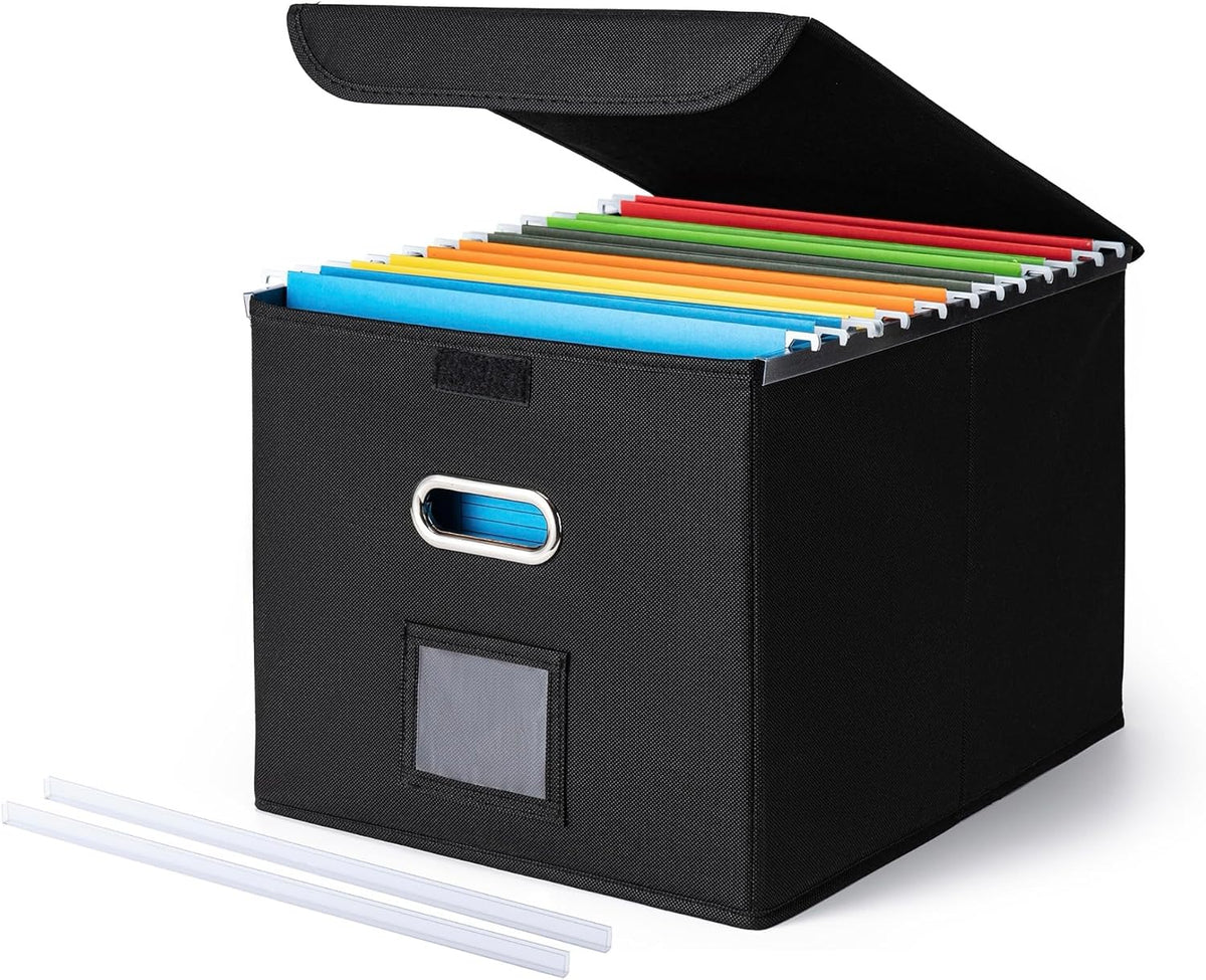 File Organizer Box with Lid, Large Hanging File Folder Organizer with Plastic Slide, Collapsible Portable Filing Storage Boxes for Office/Decor/Home (Black, 14.9 x 12.59 x 10.8 inch)