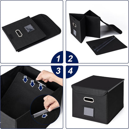 File Organizer Box with Lid, Large Hanging File Folder Organizer with Plastic Slide, Collapsible Portable Filing Storage Boxes for Office/Decor/Home (Black, 14.9 x 12.59 x 10.8 inch)