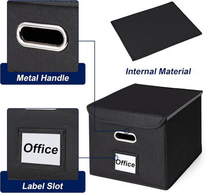 File Organizer Box with Lid, Large Hanging File Folder Organizer with Plastic Slide, Collapsible Portable Filing Storage Boxes for Office/Decor/Home (Black, 14.9 x 12.59 x 10.8 inch)