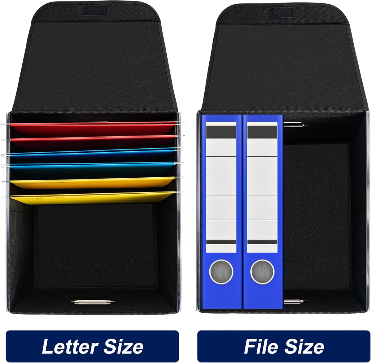 File Organizer Box with Lid, Large Hanging File Folder Organizer with Plastic Slide, Collapsible Portable Filing Storage Boxes for Office/Decor/Home (Black, 14.9 x 12.59 x 10.8 inch)
