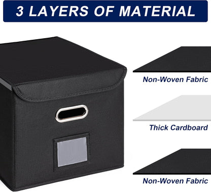 File Organizer Box with Lid, Large Hanging File Folder Organizer with Plastic Slide, Collapsible Portable Filing Storage Boxes for Office/Decor/Home (Black, 14.9 x 12.59 x 10.8 inch)