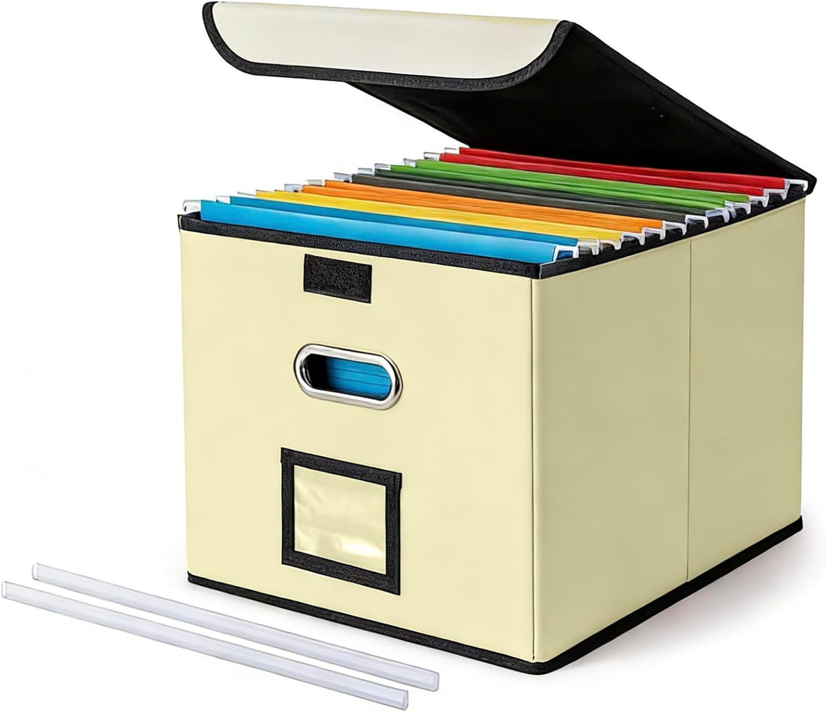 File Organizer Box with Lid, Large Hanging File Folder Organizer with Plastic Slide, Collapsible Portable Filing Storage Boxes for Office/Decor/Home (Black, 14.9 x 12.59 x 10.8 inch)