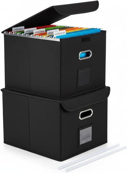 File Organizer Box with Lid, Large Hanging File Folder Organizer with Plastic Slide, Collapsible Portable Filing Storage Boxes for Office/Decor/Home (Black, 14.9 x 12.59 x 10.8 inch)