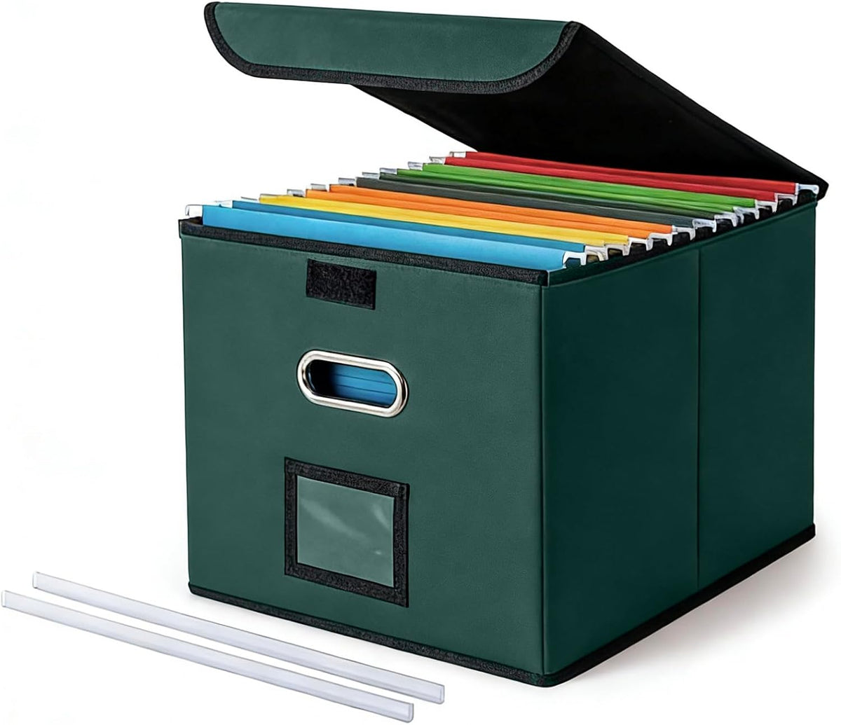 File Organizer Box with Lid, Large Hanging File Folder Organizer with Plastic Slide, Collapsible Portable Filing Storage Boxes for Office/Decor/Home (Black, 14.9 x 12.59 x 10.8 inch)