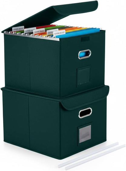File Organizer Box with Lid, Large Hanging File Folder Organizer with Plastic Slide, Collapsible Portable Filing Storage Boxes for Office/Decor/Home (Black, 14.9 x 12.59 x 10.8 inch)