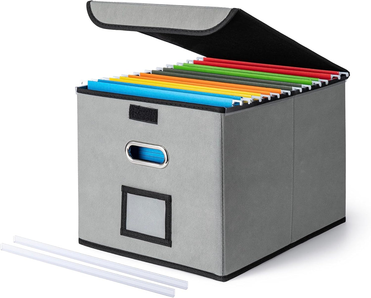 File Organizer Box with Lid, Large Hanging File Folder Organizer with Plastic Slide, Collapsible Portable Filing Storage Boxes for Office/Decor/Home (Black, 14.9 x 12.59 x 10.8 inch)