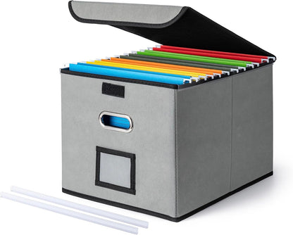 File Organizer Box with Lid, Large Hanging File Folder Organizer with Plastic Slide, Collapsible Portable Filing Storage Boxes for Office/Decor/Home (Black, 14.9 x 12.59 x 10.8 inch)