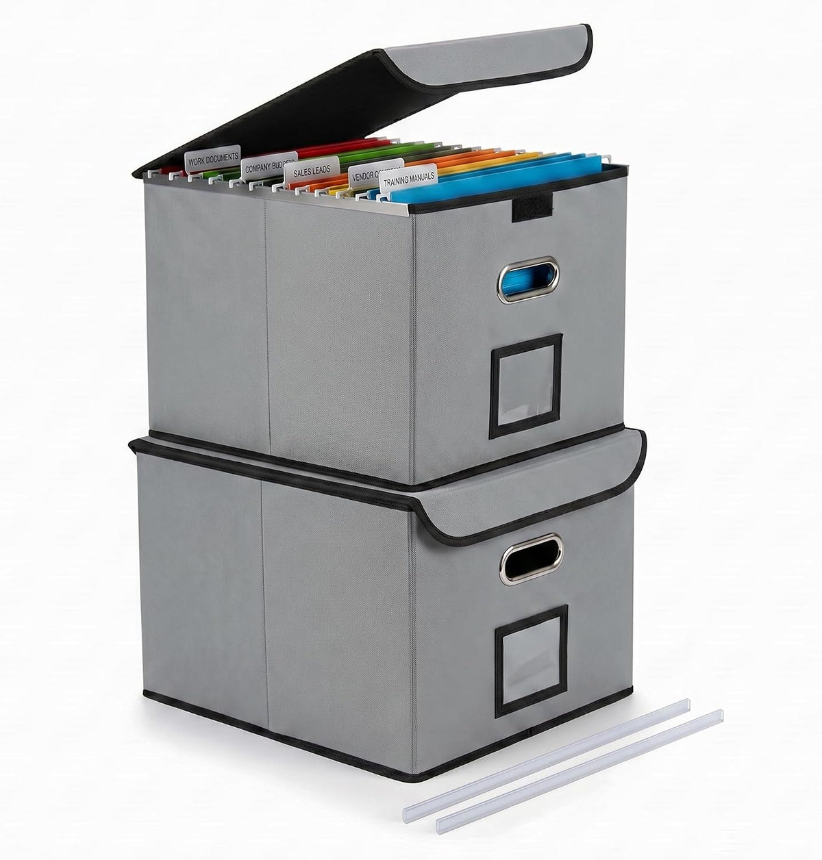 File Organizer Box with Lid, Large Hanging File Folder Organizer with Plastic Slide, Collapsible Portable Filing Storage Boxes for Office/Decor/Home (Black, 14.9 x 12.59 x 10.8 inch)