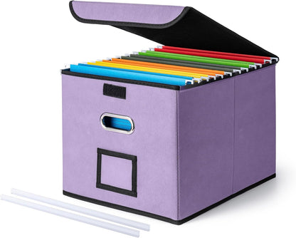 File Organizer Box with Lid, Large Hanging File Folder Organizer with Plastic Slide, Collapsible Portable Filing Storage Boxes for Office/Decor/Home (Black, 14.9 x 12.59 x 10.8 inch)