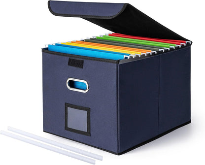 File Organizer Box with Lid, Large Hanging File Folder Organizer with Plastic Slide, Collapsible Portable Filing Storage Boxes for Office/Decor/Home (Black, 14.9 x 12.59 x 10.8 inch)