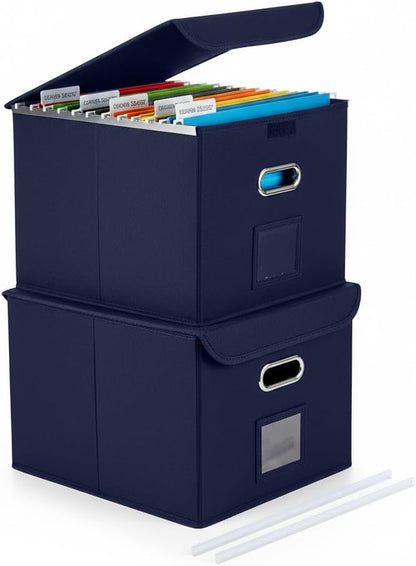 File Organizer Box with Lid, Large Hanging File Folder Organizer with Plastic Slide, Collapsible Portable Filing Storage Boxes for Office/Decor/Home (Black, 14.9 x 12.59 x 10.8 inch)