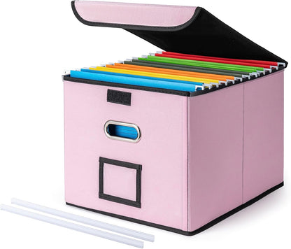 File Organizer Box with Lid, Large Hanging File Folder Organizer with Plastic Slide, Collapsible Portable Filing Storage Boxes for Office/Decor/Home (Black, 14.9 x 12.59 x 10.8 inch)